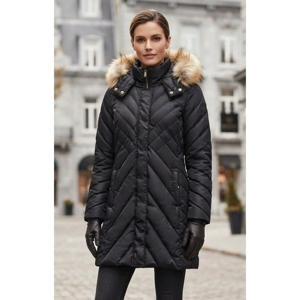Larry Levine Quilted Puffer Coat Down Faux Fur Hood Women's Small Black Winter